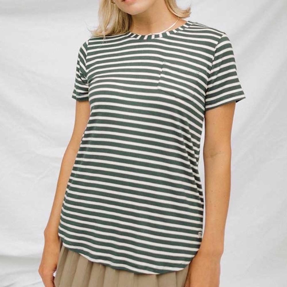 Albion Basic Tee Hunter Green Stripe; Sz Large
